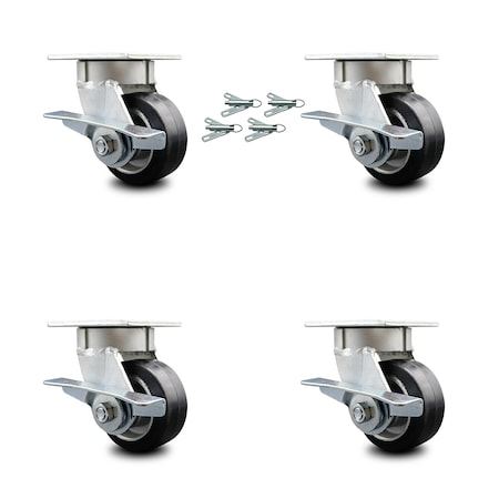 Service Caster 4 Inch Kingpinless Rubber on Aluminum Wheel Caster Set Brake and Swivel Lock SCC SCC-KP30S420-RAR-SLB-BSL-4